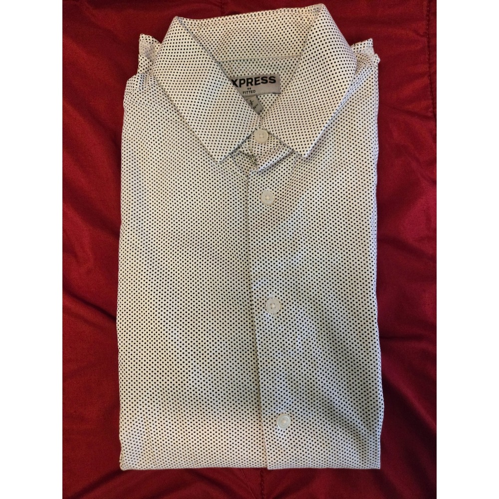 Express Men's White Black Micro Dot Fitted Long Sleeve Button-Up Shirt Small